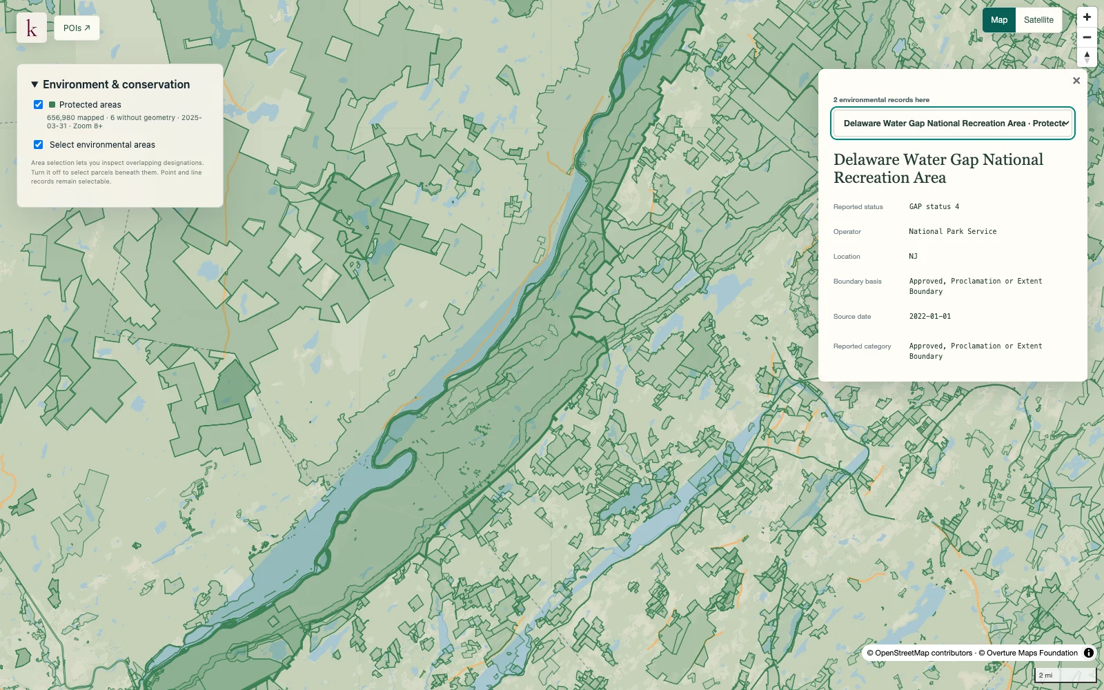 Protected-area boundaries and a selected conservation record around Delaware Water Gap in Korzy