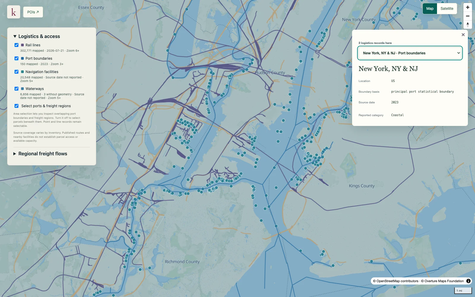 Rail lines, waterways and port areas around New York and New Jersey harbor in Korzy