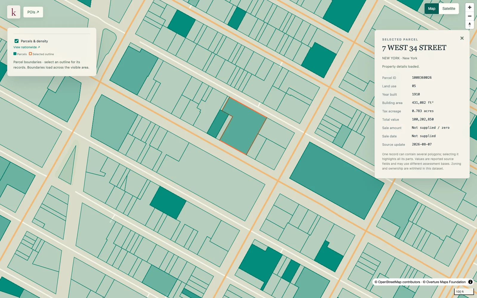 Midtown Manhattan parcel boundaries with 7 West 34 Street and its reported property details selected in Korzy