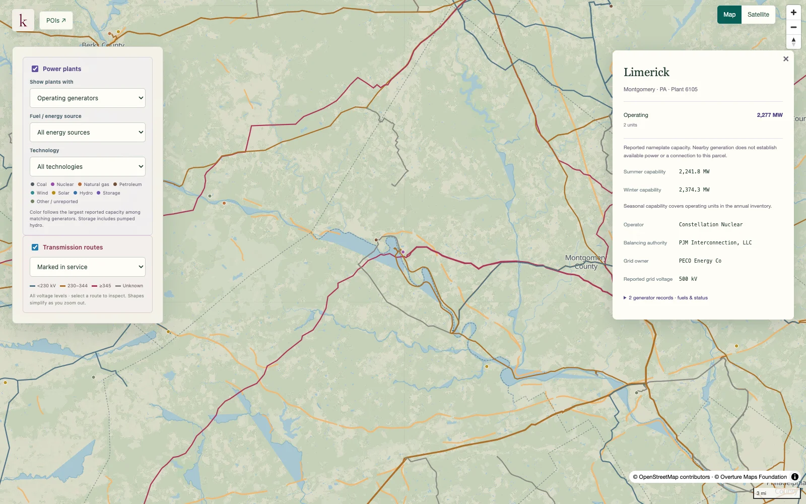 Power plants and transmission routes around Limerick, Pennsylvania, with the plant's reported generation capacity