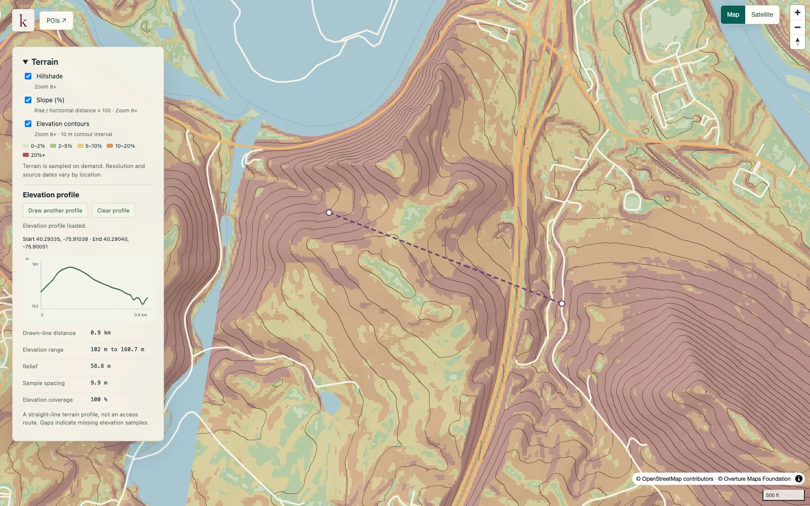 Hillshade, slope shading, elevation contours and a drawn terrain profile in Berks County, Pennsylvania